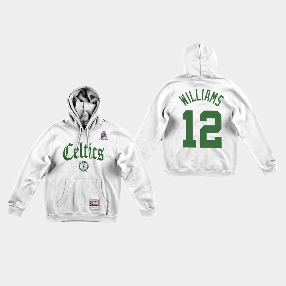 Men's Boston Celtics #12 Grant Williams White Faded Old English Hoodie QOD53E2V