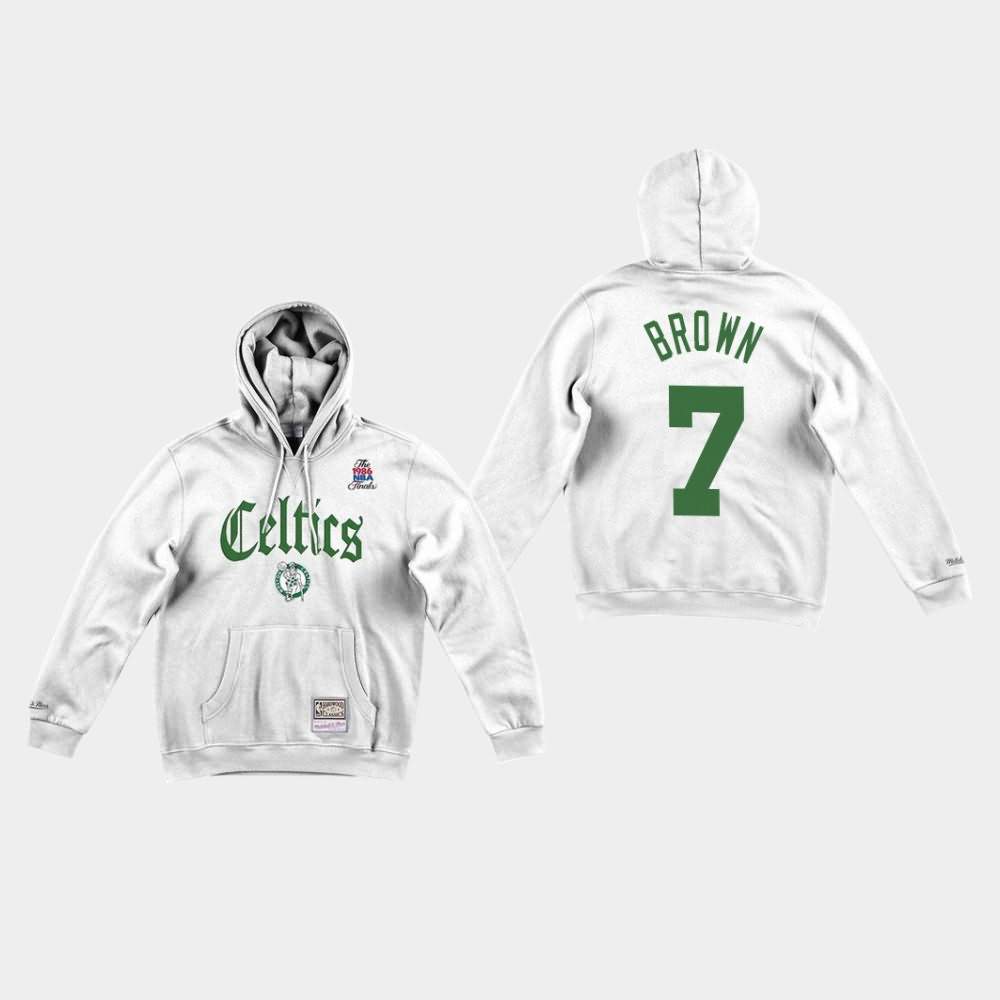 Men's Boston Celtics #7 Jaylen Brown White Faded Old English Hoodie BQX12E1J
