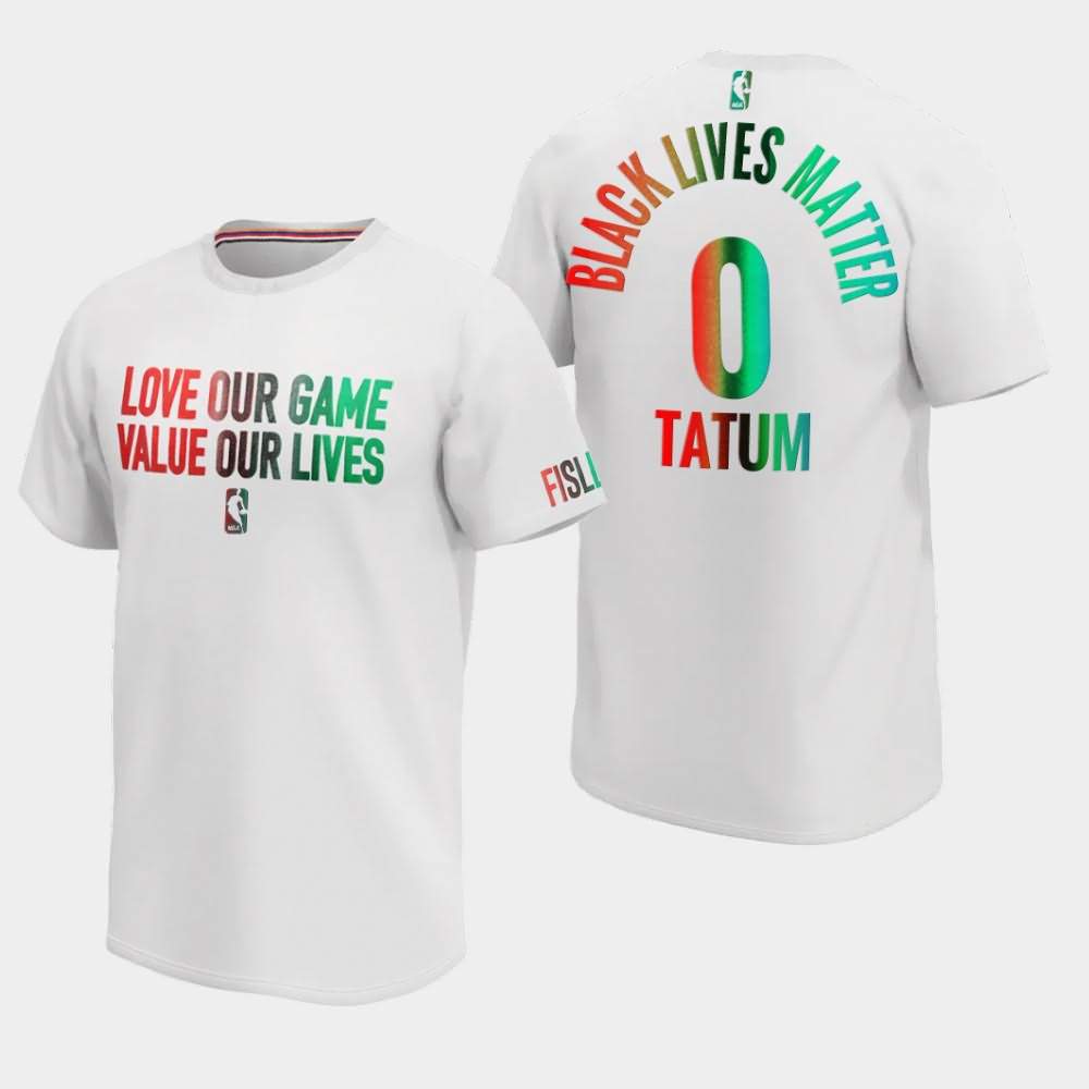 Men's Boston Celtics #0 Jayson Tatum White Love Our Game Value our Lives Black Lives Matter Social Justice T-Shirt DJD08E1P