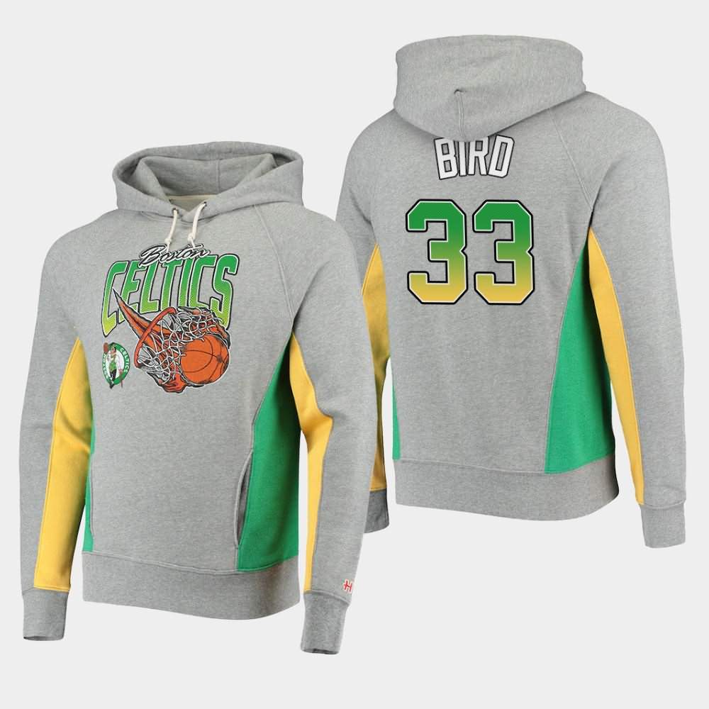 Men's Boston Celtics #33 Larry Bird Gray Raglan Tri-Blend Fire Contrast Hoodie HPA28E0F