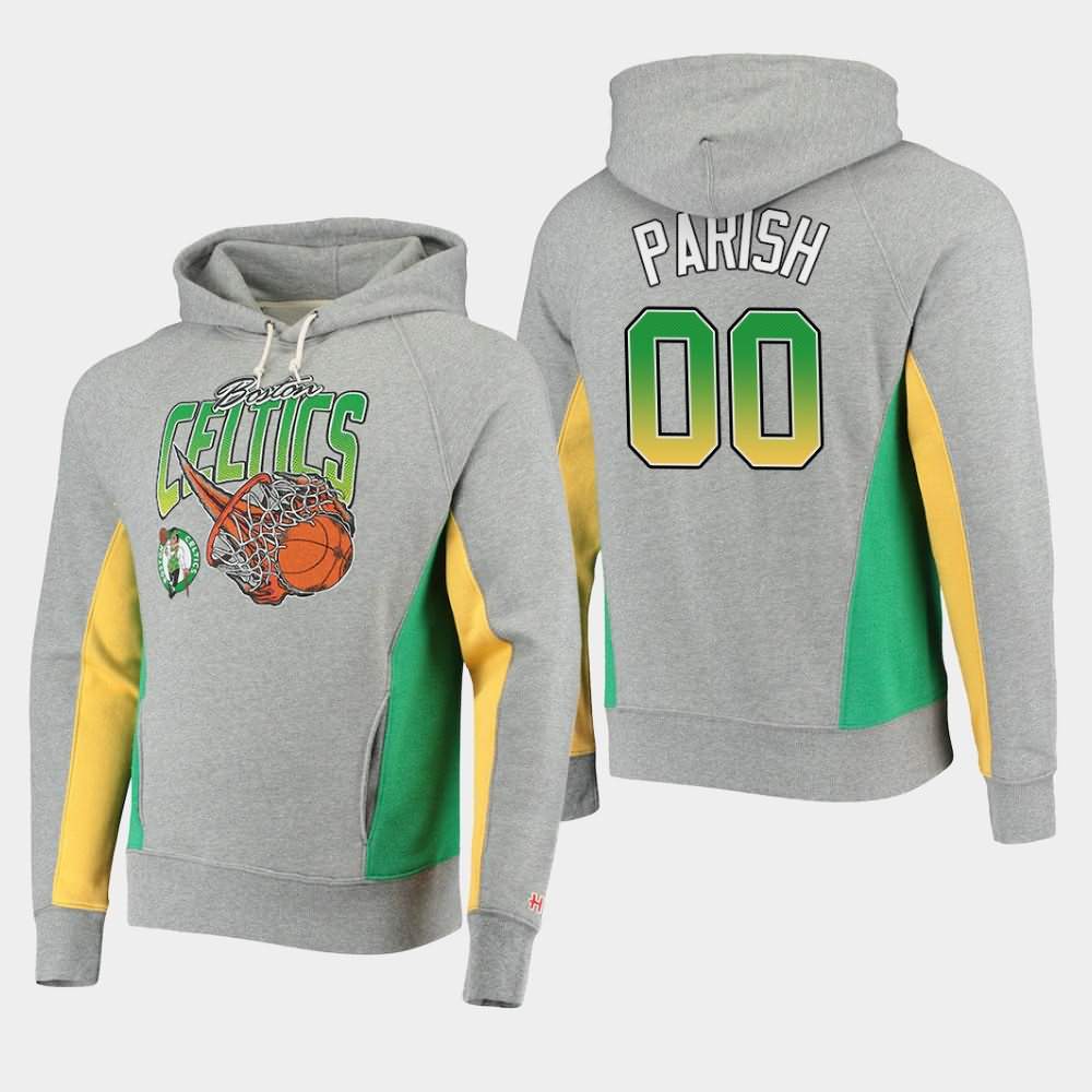 Men's Boston Celtics #00 Robert Parish Gray Raglan Tri-Blend Fire Contrast Hoodie UQZ68E6T