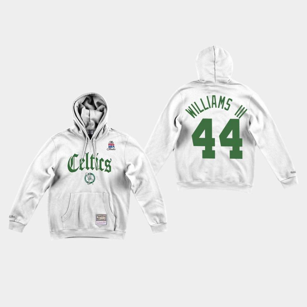 Men's Boston Celtics #44 Robert Williams III White Faded Old English Hoodie RAO03E0O