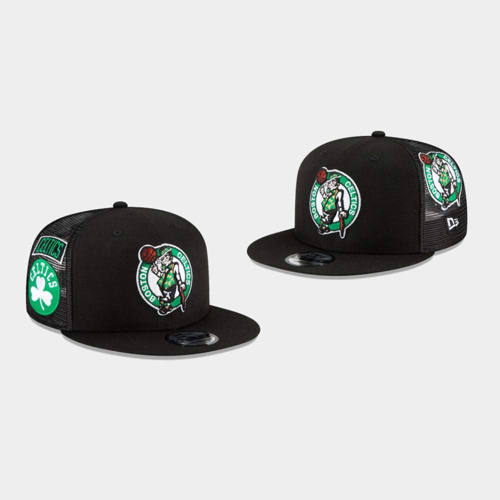 Men's Boston Celtics Black 9FIFTY Snapback Scatter Trucker Hat AEX01E8G