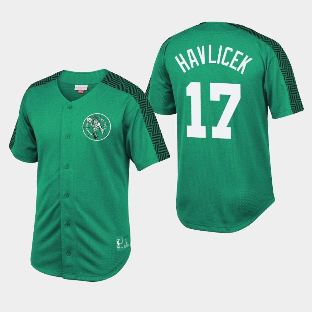 Men's Boston Celtics #17 John Havlicek Kelly Green Mesh Button Front Winning T-Shirt KCH77E4X