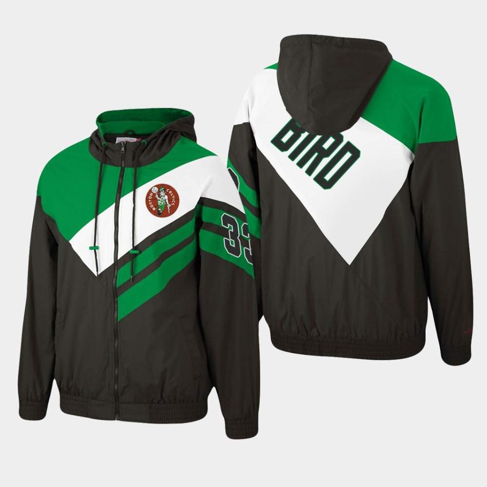 Men's Boston Celtics #33 Larry Bird Black Mitchell & Ness Blocked Full-Zip Asymmetrical Jacket GYP12E7O