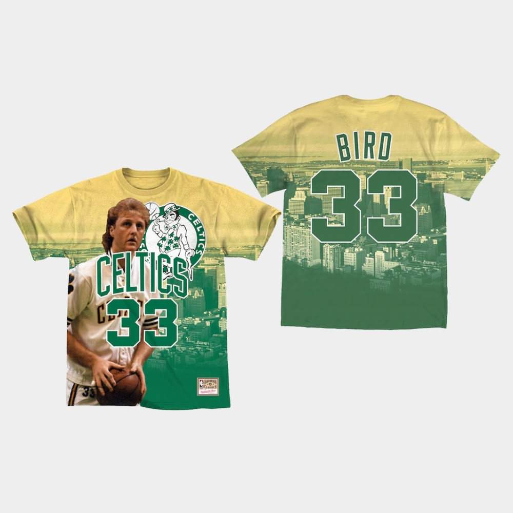 Men's Boston Celtics #33 Larry Bird Yellow Green City Pride Hardwood Classics T-Shirt UMW53E8T