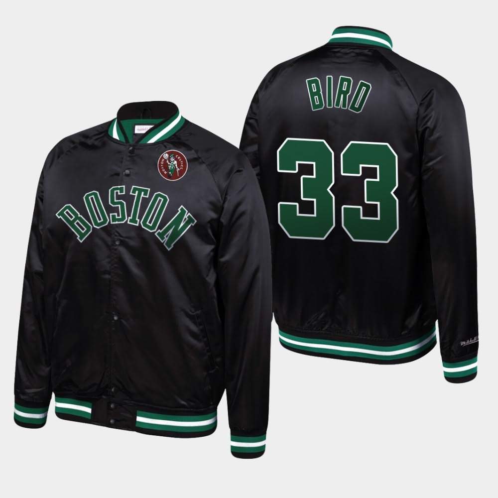 Men's Boston Celtics #33 Larry Bird Black Mitchell & Ness Satin Raglan Full-Snap Hardwood Classics Jacket JCT65E2Y