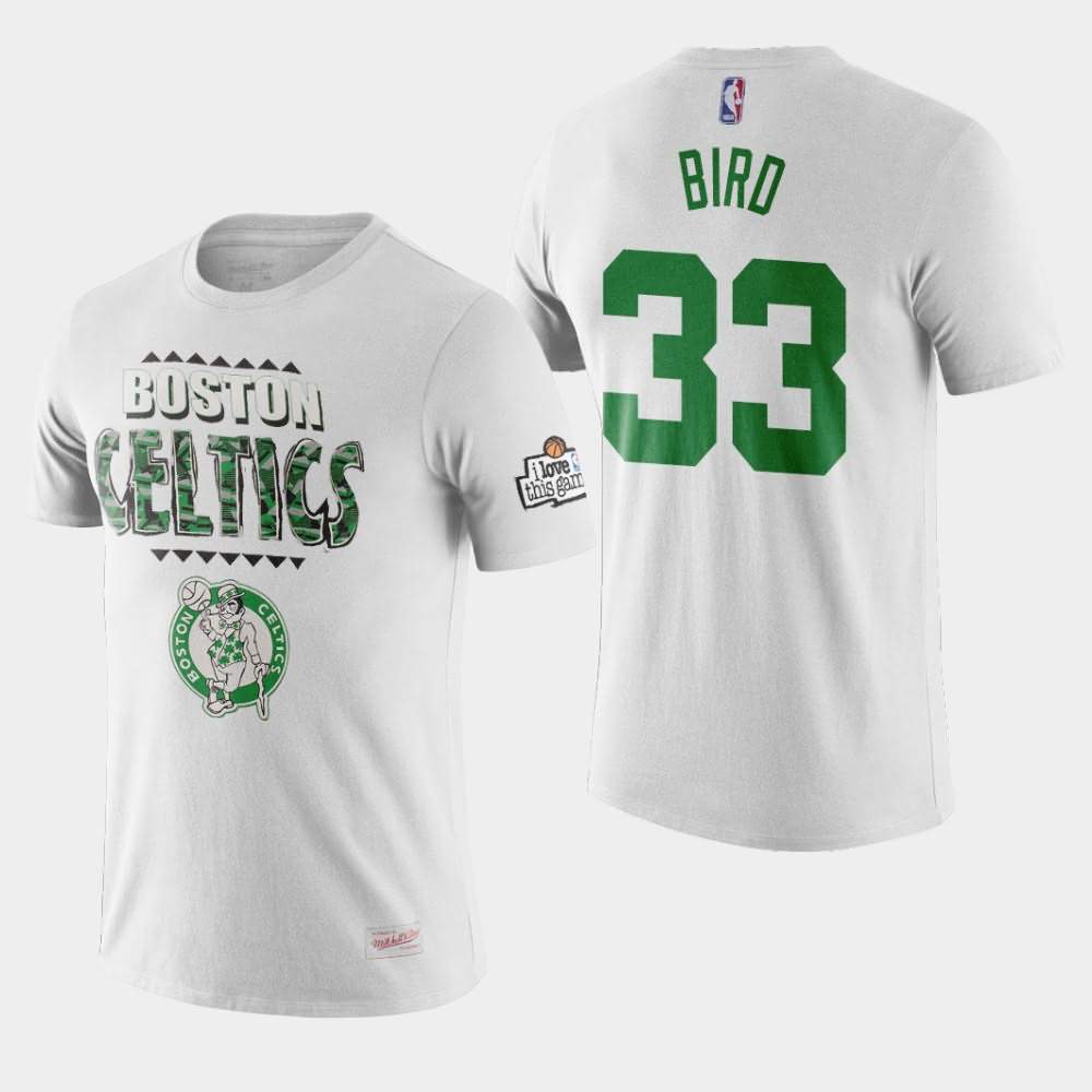Men's Boston Celtics #33 Larry Bird White Running Out the Clock Team Kente Letter T-Shirt NFJ54E4J