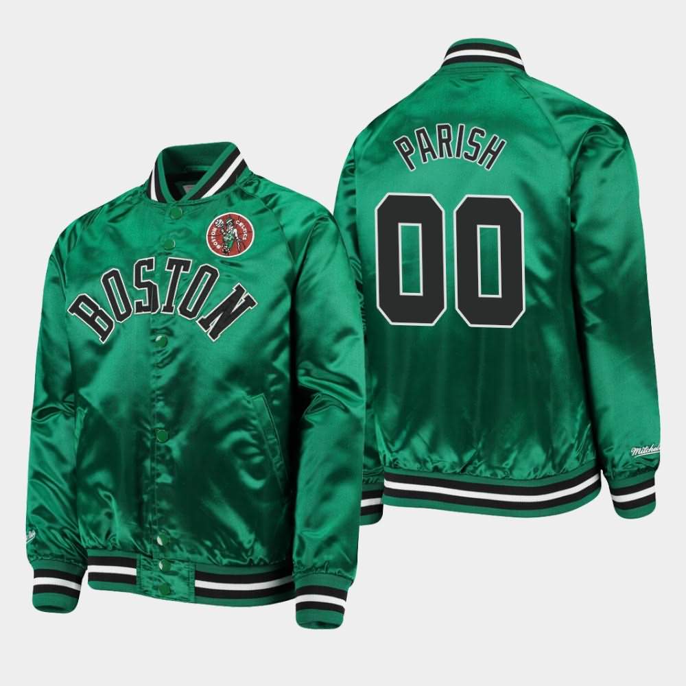 Youth Boston Celtics #00 Robert Parish Kelly Green Mitchell & Ness Lightweight Satin Raglan Full-Snap Hardwood Classics Jacket YOG13E3Q