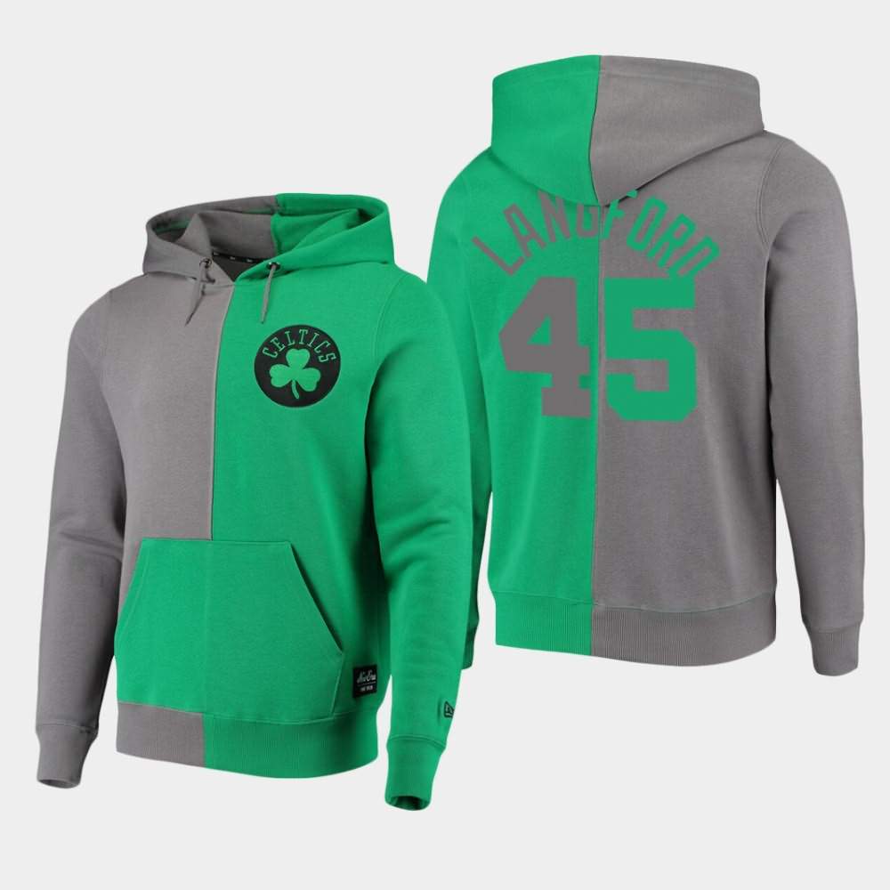 Men's Boston Celtics #45 Romeo Langford Gray Kelly Green Color Block Pullover Diagonal French Terry Hoodie VCN43E6J