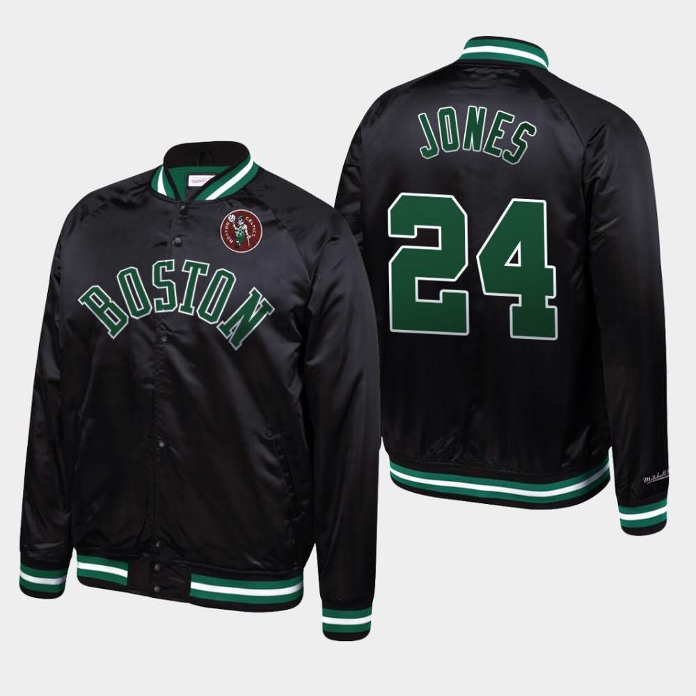 Men's Boston Celtics #24 Sam Jones Black Mitchell & Ness Satin Raglan Full-Snap Hardwood Classics Jacket YRF76E7E
