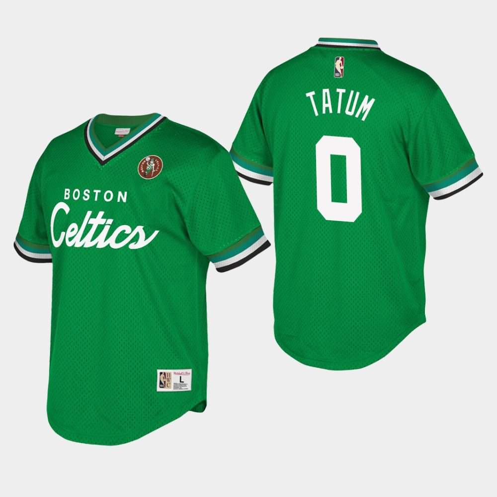 Men's Boston Celtics #0 Jayson Tatum Kelly Green V-Neck Script Mesh Hardwood Classics T-Shirt WRQ75E6J