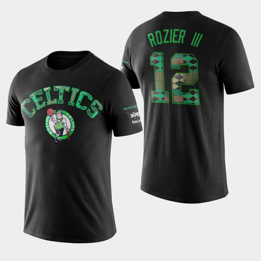 Men's Boston Celtics #12 Terry Rozier III Black Elbow Patch Two Hype Original 90's Team Kente T-Shirt YUC26E4C