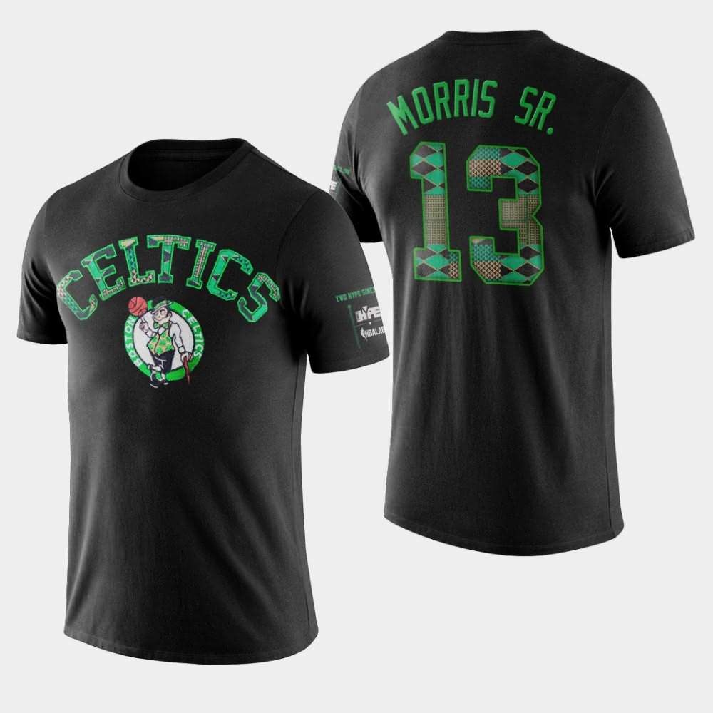 Men's Boston Celtics #13 Marcus Morris Sr. Black Elbow Patch Two Hype Original 90's Team Kente T-Shirt PEY16E0G