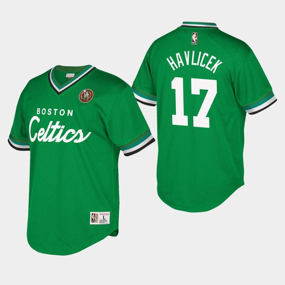 Men's Boston Celtics #17 John Havlicek Kelly Green V-Neck Script Mesh Hardwood Classics T-Shirt JAQ46E6F