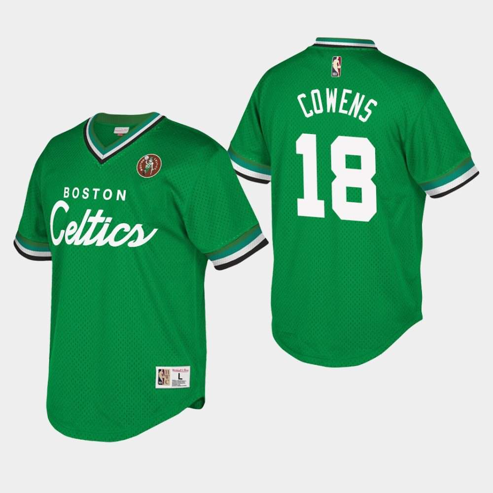 Men's Boston Celtics #18 David Cowens Kelly Green V-Neck Script Mesh Hardwood Classics T-Shirt CMN35E6I