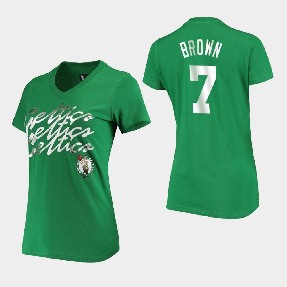 Women's Boston Celtics #7 Jaylen Brown Kelly Green NBA Foil V-Neck Power Forward T-Shirt XZL14E7Y