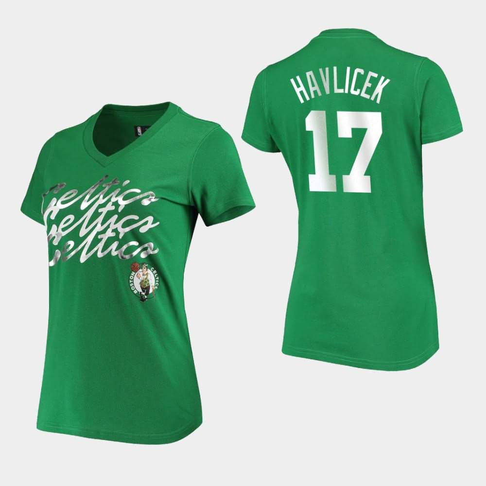 Women's Boston Celtics #17 John Havlicek Kelly Green NBA Foil V-Neck Power Forward T-Shirt MRH27E5B