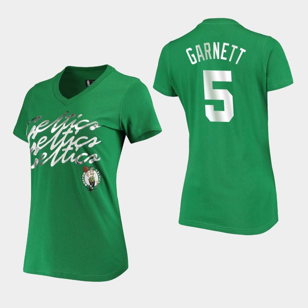 Women's Boston Celtics #5 Kevin Garnett Kelly Green NBA Foil V-Neck Power Forward T-Shirt VKL07E6Q