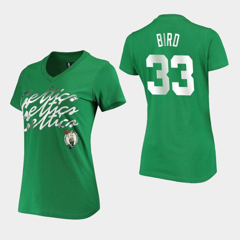 Women's Boston Celtics #33 Larry Bird Kelly Green NBA Foil V-Neck Power Forward T-Shirt XON16E7X