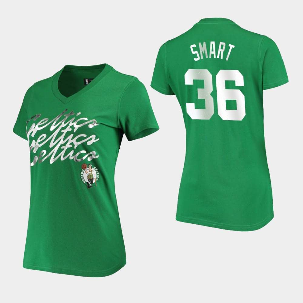 Women's Boston Celtics #36 Marcus Smart Kelly Green NBA Foil V-Neck Power Forward T-Shirt HVE05E3G