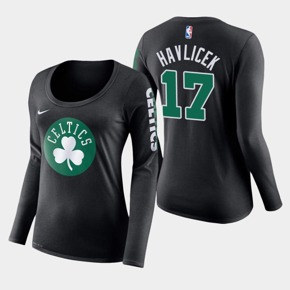 Women's Boston Celtics #17 John Havlicek Black Long Sleeve Primary Logo T-Shirt IOE08E1Q